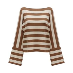 The Fold London Lisson Striped Cuff Sleeve Sweater Tan/Cream Medium